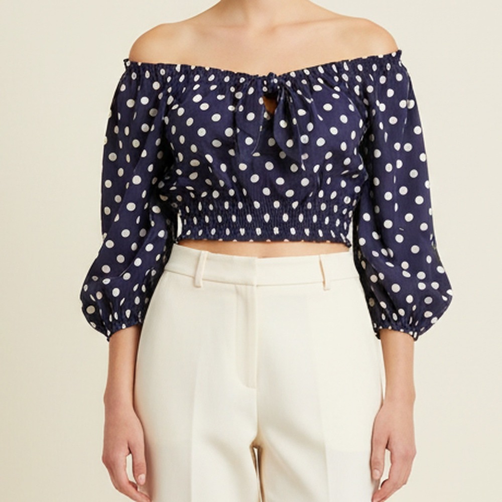 Caroline Constas NWT Navy Polka Dot Puff Sleeve Crop Top Tie Front Women XS